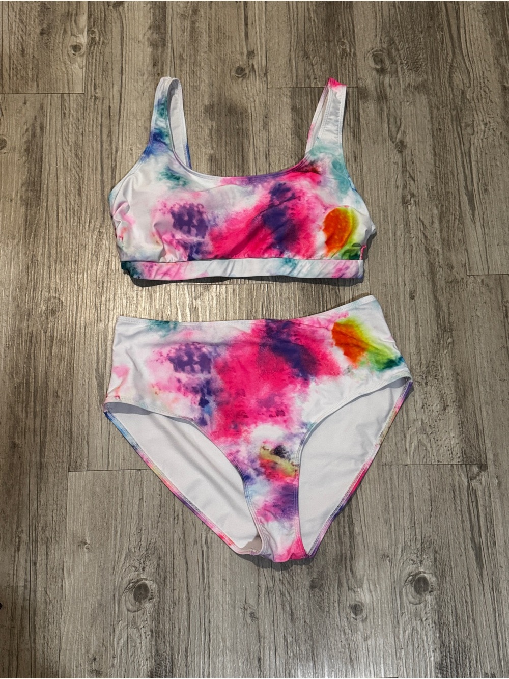 Tie-Dye Scoop Bralette & High-Waist Bikini Set - Multicolor Pink Accent